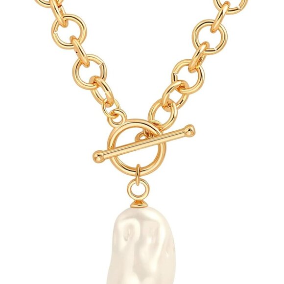 Women 18k Gold Chain Link Necklace with Baroque Pearl Pendant - Picture 1 of 7